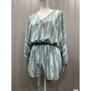 Womens‎ Tie Dye Romper Burnout Elastic Waist Drawstring V-Neck Long Sleeve